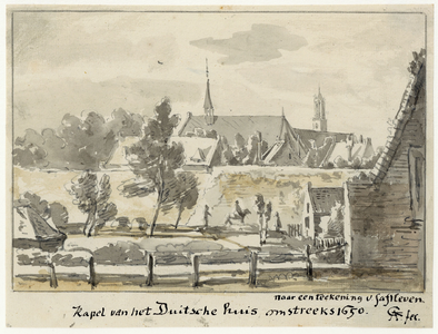 39422 Gezicht op de daken van de kapel en andere gebouwen van Het Duitse Huis te Utrecht met rechts op de achtergrond ...